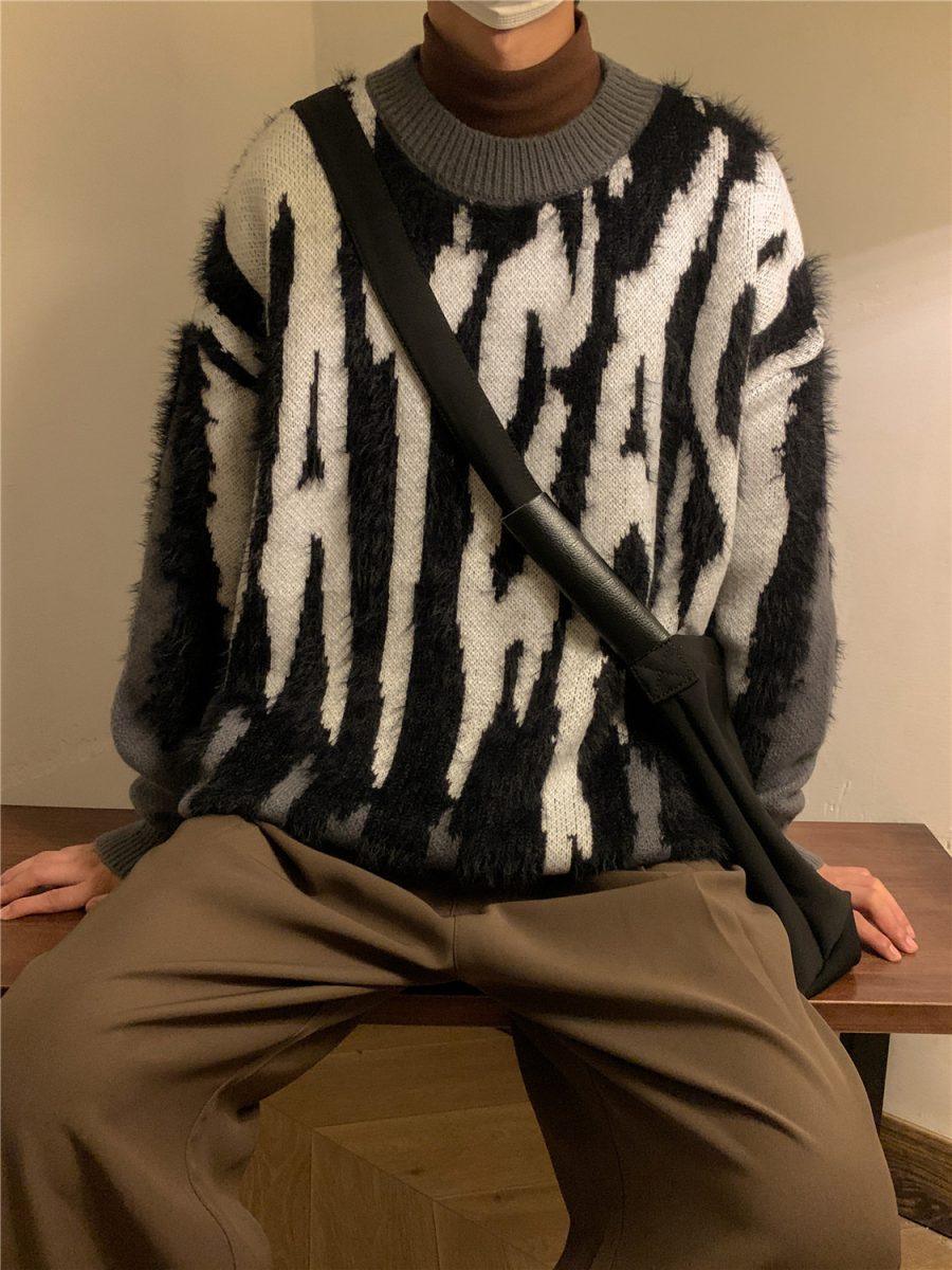 Splice Knit Thickened Crew Neck Loose Pullover Sweater - Image 2