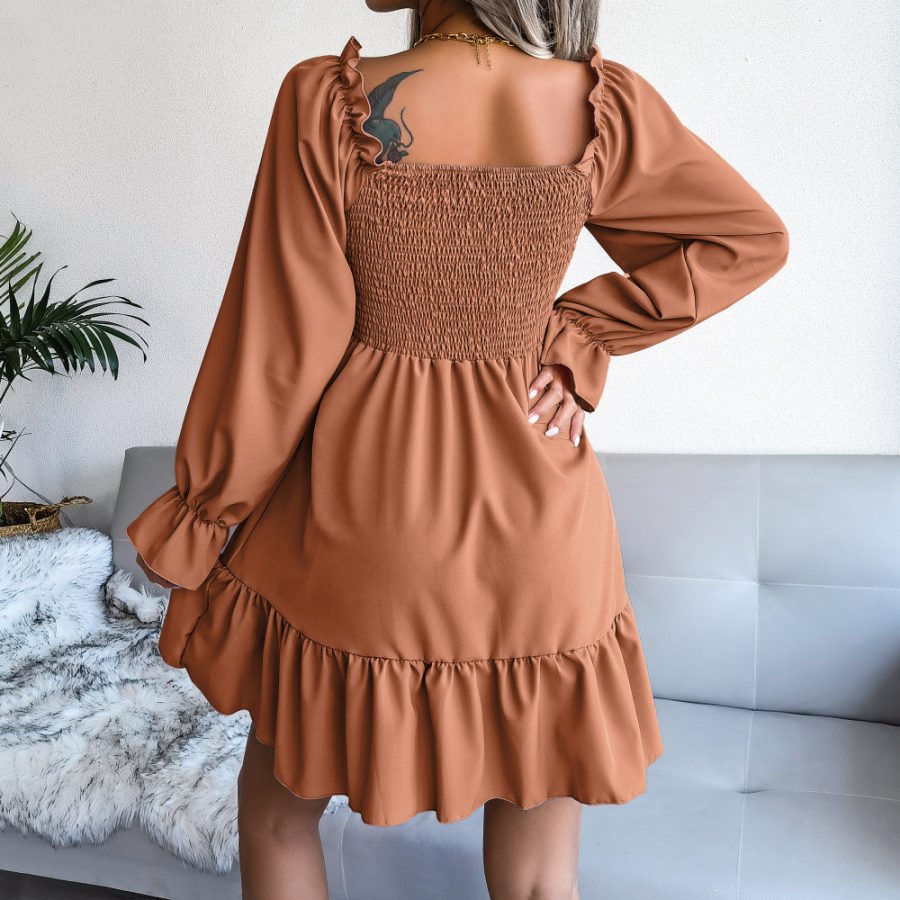 Flared Long Sleeve Dresses Women Square Neck Ruffled Swing Dress - Image 3
