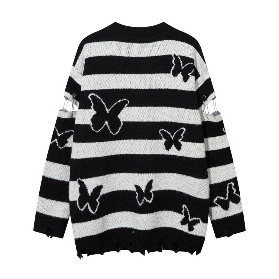 Striped Contrast Color Butterfly Round Neck Sweater Autumn And Winter - Image 2