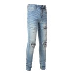 Cashew Flower Printed Patch Slim Fitting Light Colored Jeans For Men - Image 4