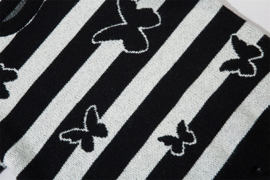 Striped Contrast Color Butterfly Round Neck Sweater Autumn And Winter - Image 9