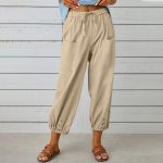 Women Drawstring Tie Pants Spring Summer Cotton And Linen Trousers With Pockets Button - Image 6