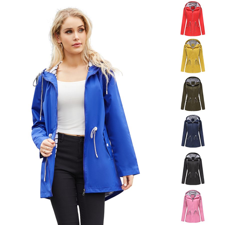 Long Sleeved Splashproof Mid Length Windbreaker For Women's Hooded Raincoat - Image 9