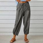 Women Drawstring Tie Pants Spring Summer Cotton And Linen Trousers With Pockets Button - Image 7