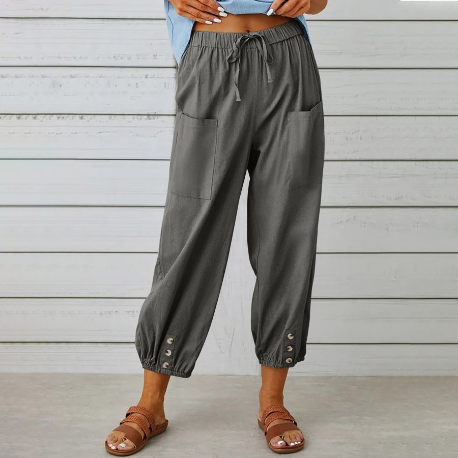 Women Drawstring Tie Pants Spring Summer Cotton And Linen Trousers With Pockets Button - Image 7
