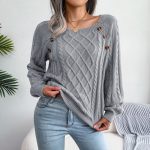 Square Neck Button Fried Dough Twist Knitting Sweater - Image 4