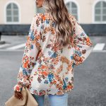 Women's Tops Casual Floral Print V Neck Long Sleeve Shirts Loose Chiffon Blouses Shirts Tops - Image 2