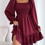 Flared Long Sleeve Dresses Women Square Neck Ruffled Swing Dress - Image 7