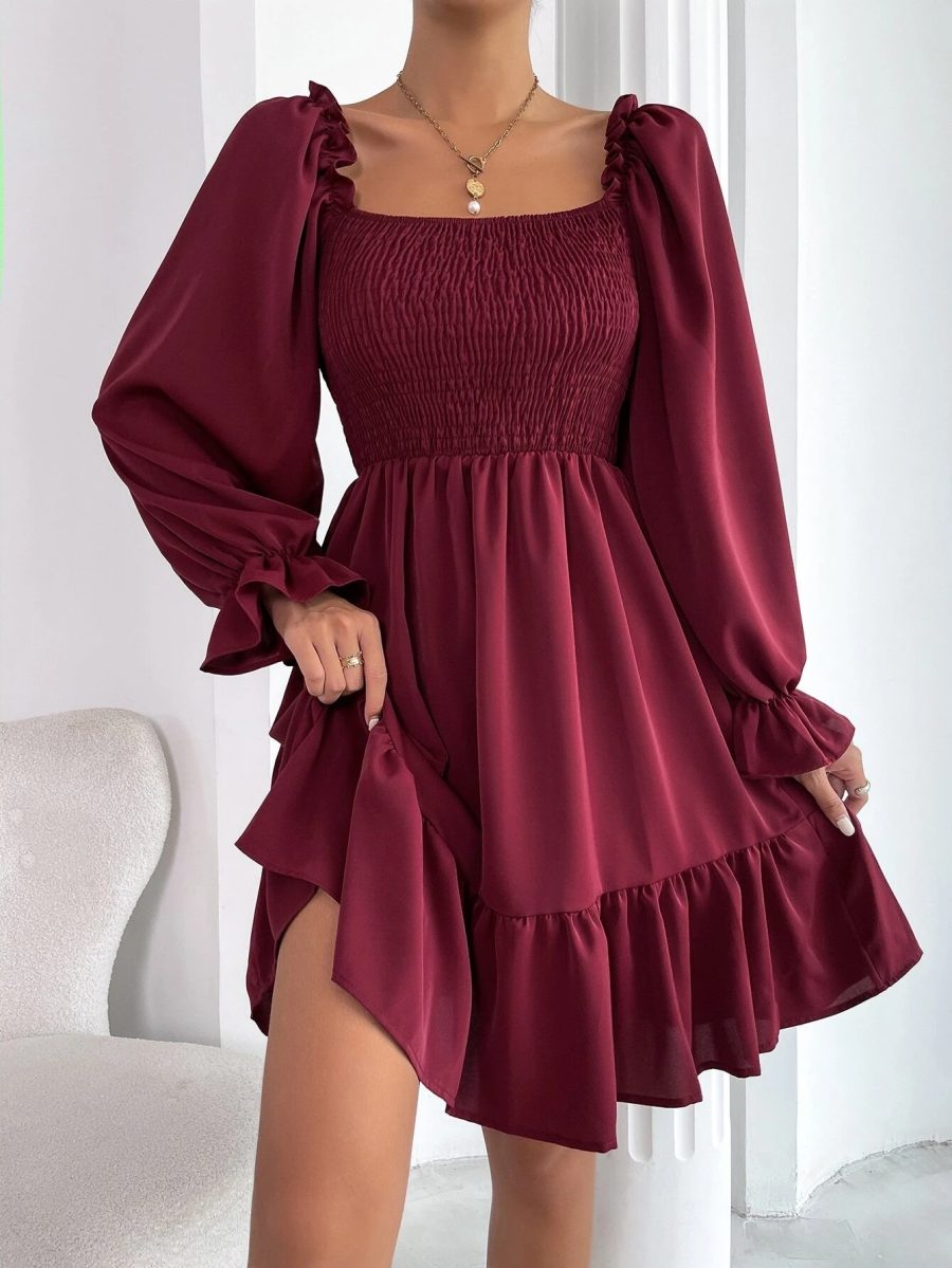 Flared Long Sleeve Dresses Women Square Neck Ruffled Swing Dress - Image 7