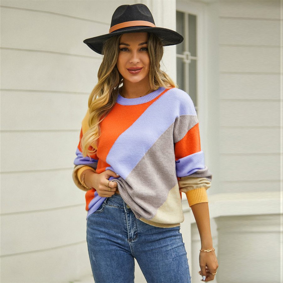 Women's Fashionable Simple Striped Patchwork Round Neck Sweater - Image 5