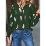Feather Print Polo Shirt Long Lantern Sleeve Shirt Turndown Collar Breasted Tops Clothes - Image 6