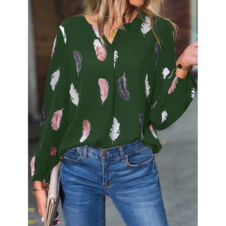 Feather Print Polo Shirt Long Lantern Sleeve Shirt Turndown Collar Breasted Tops Clothes - Image 6