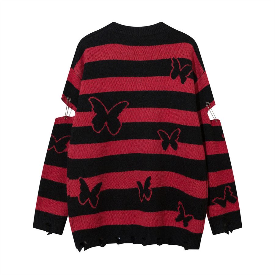 Striped Contrast Color Butterfly Round Neck Sweater Autumn And Winter - Image 4