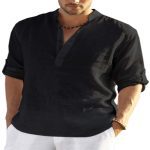 Men's Casual Cotton Linen Solid Color Long Sleeve Shirt Loose Stand Collar - Image 3