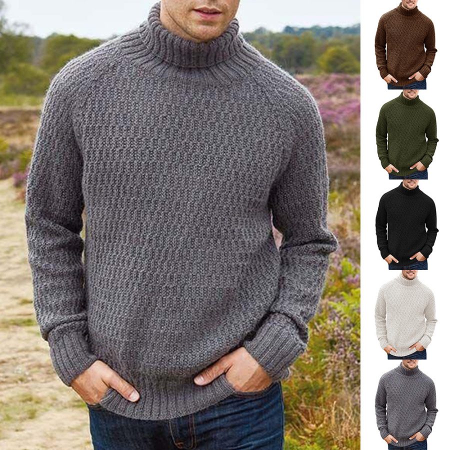 Men's High Collar Solid Color Long Sleeve Knitting Twisted Sweater - Image 2