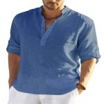 Men's Casual Cotton Linen Solid Color Long Sleeve Shirt Loose Stand Collar - Image 10