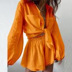 Women's Casual Fashion Pure Color Ruffles Shorts Long-sleeve Suit - Image 4