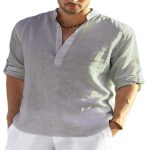 Men's Casual Cotton Linen Solid Color Long Sleeve Shirt Loose Stand Collar - Image 6