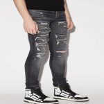 Grey Cashew Flower Pleated Patch With Holes Slim Fitting Jeans - Image 2
