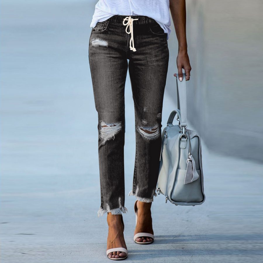 Casual Women's Elasticated Lace-up Slim-fit Jeans Trousers - Image 2