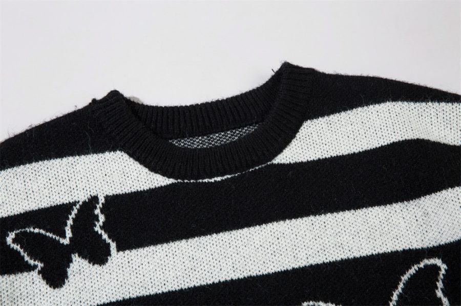 Striped Contrast Color Butterfly Round Neck Sweater Autumn And Winter - Image 5