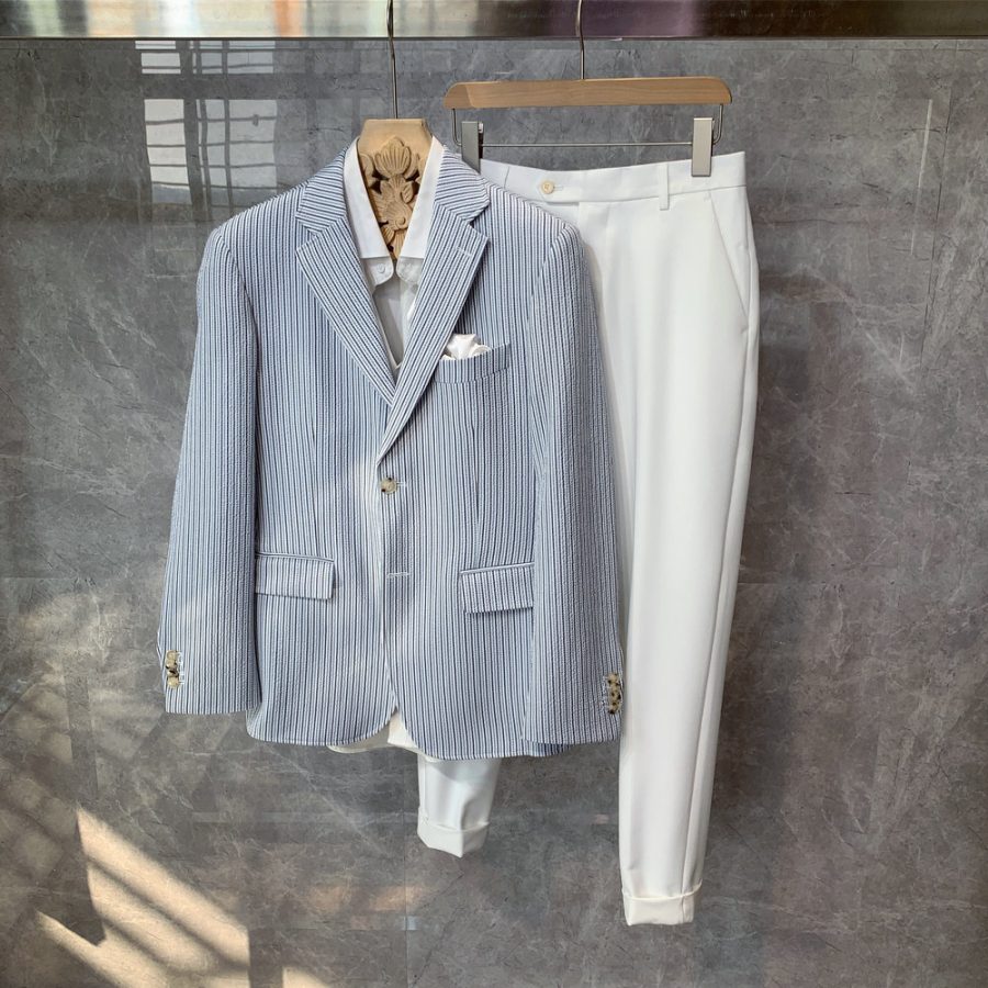 British Wind Blue White Stripe Slim Fit Blazer For Men