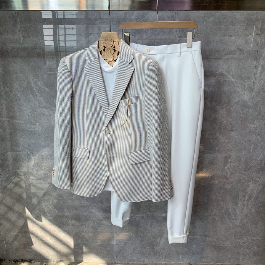 British Wind Blue White Stripe Slim Fit Blazer For Men - Image 5