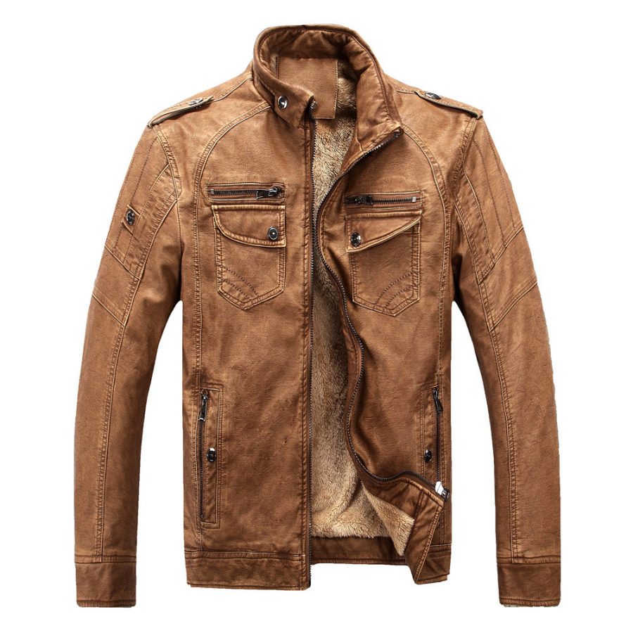 Leather Jacket Plus Velvet Washed Retro Leather Jacket - Image 3