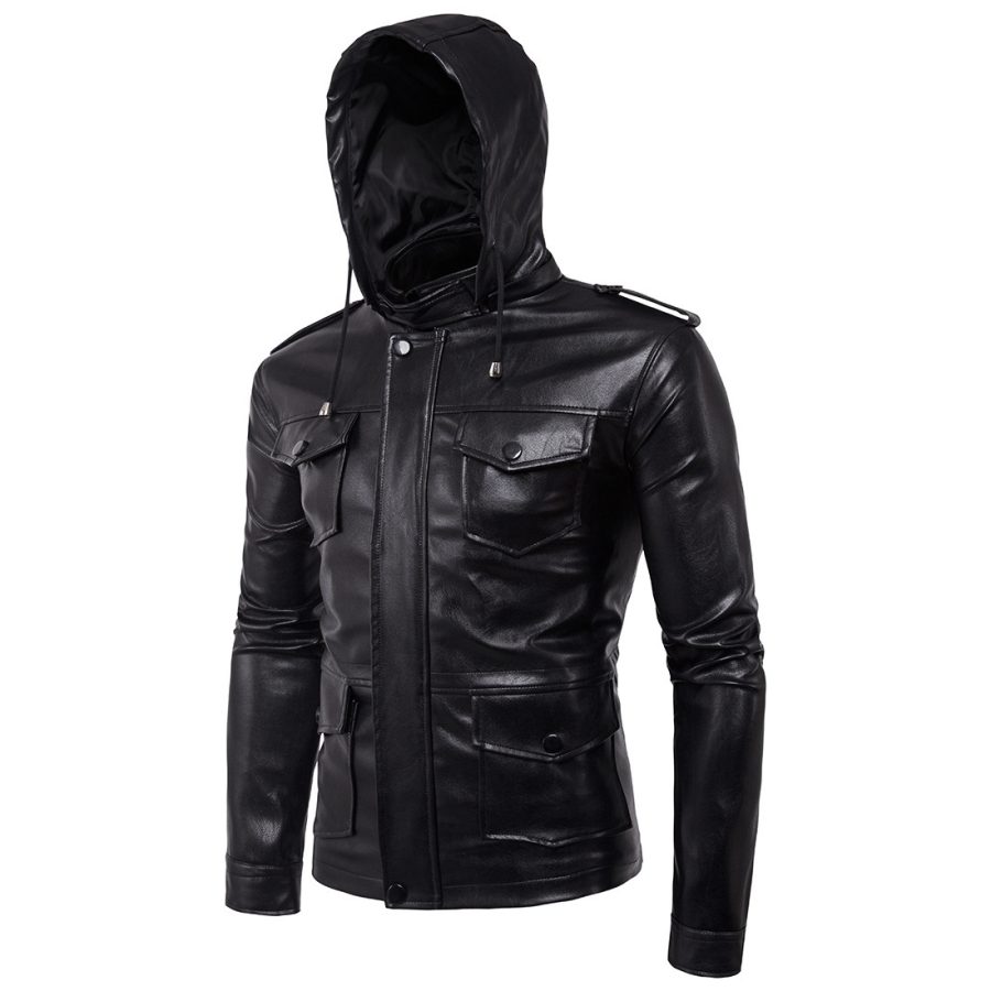 New European And American Men's Motorcycle Hooded Leather Jacket - Image 5