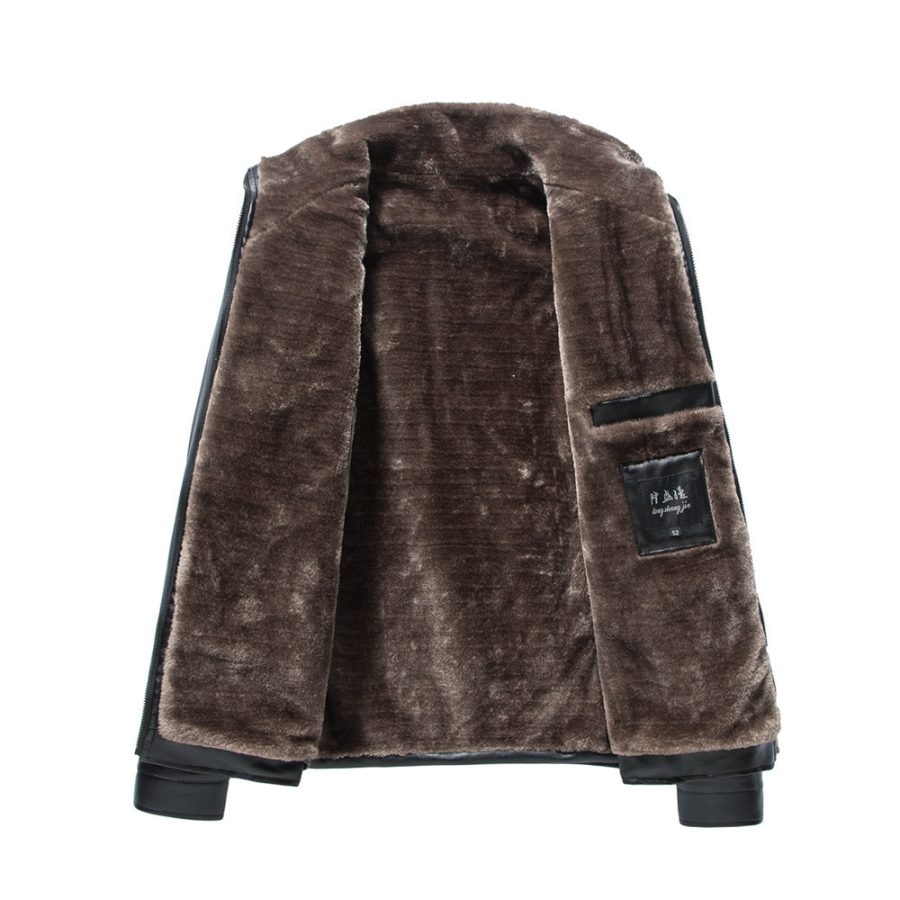 Men's Stand Collar Leather Jacket Plush Leisure - Image 3