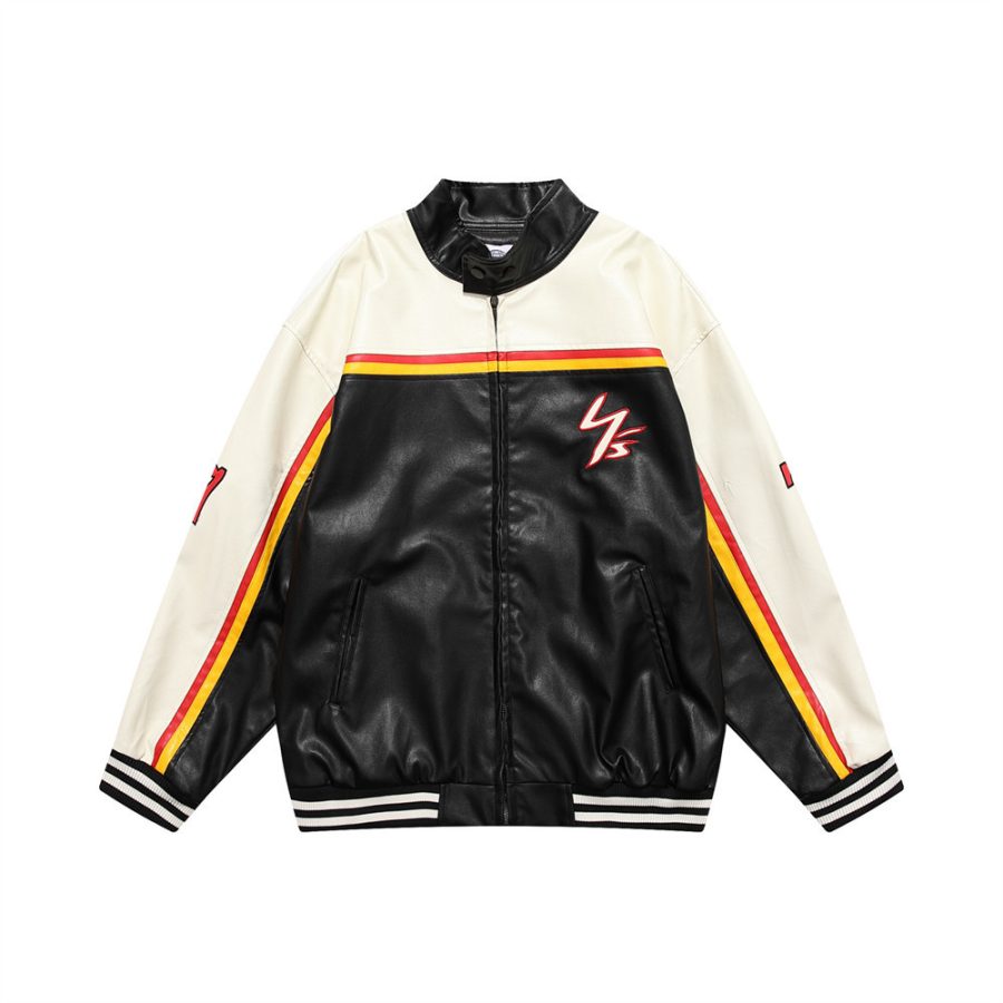 Men's Colorblock Stitching Zipper Stand Collar Leather Jacket - Image 4